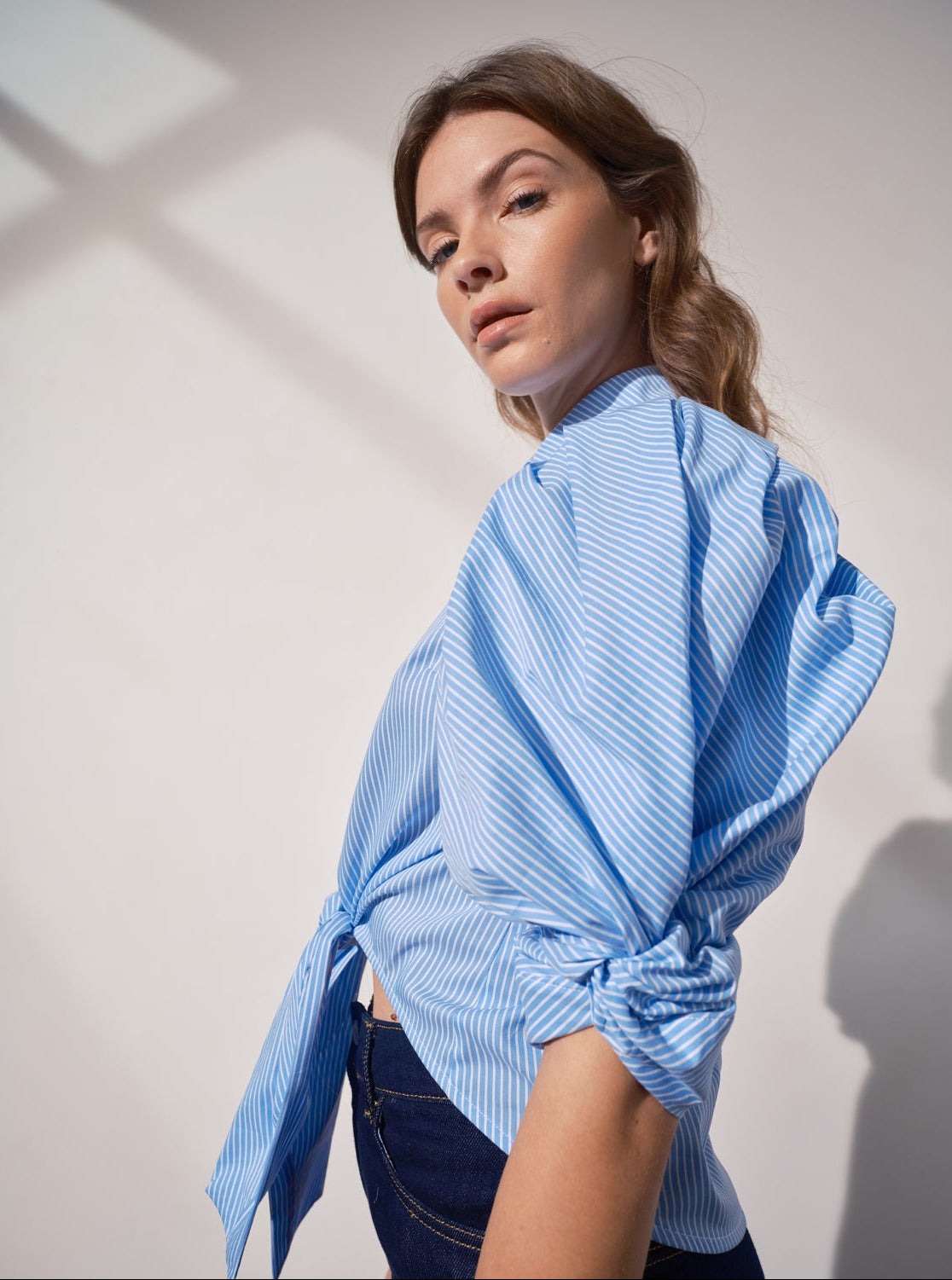 Ellery Knot Sleeve Tie Front Shirt - Green Stripe