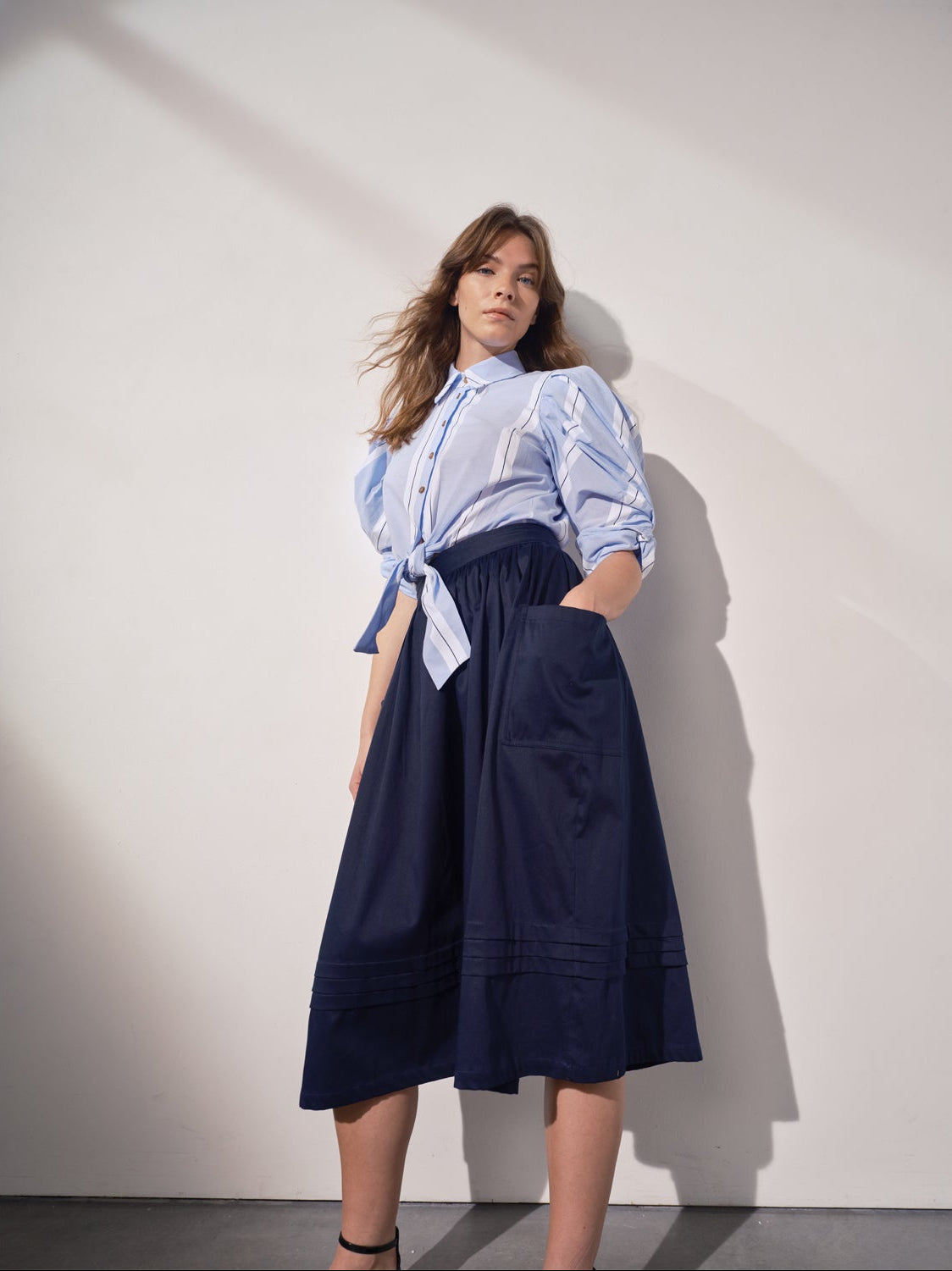 Ellery Knot Sleeve Tie Front Shirt - White & Blue Stripe