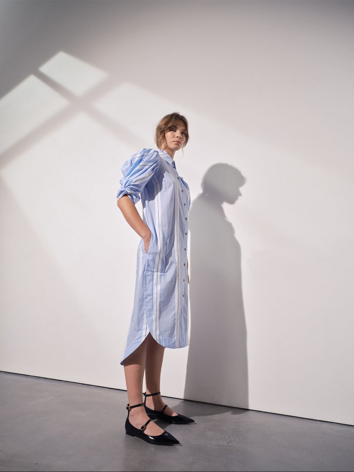 Ines Knot Sleeve Dress - White & Blue Stripe