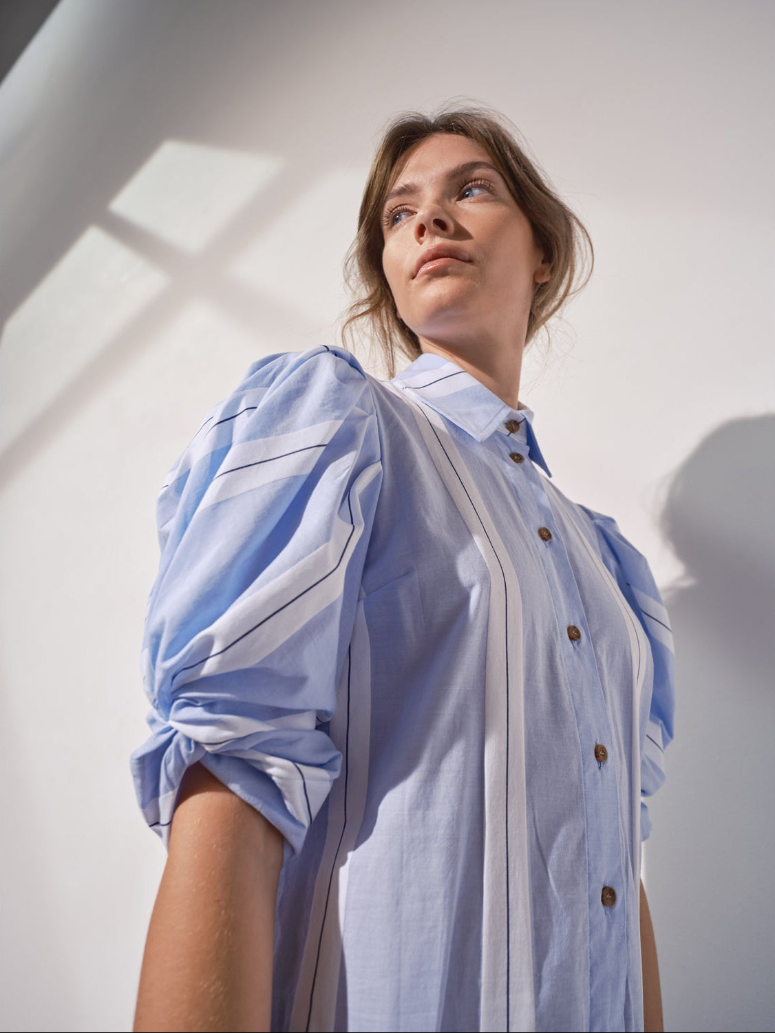 Ines Knot Sleeve Dress - White & Blue Stripe