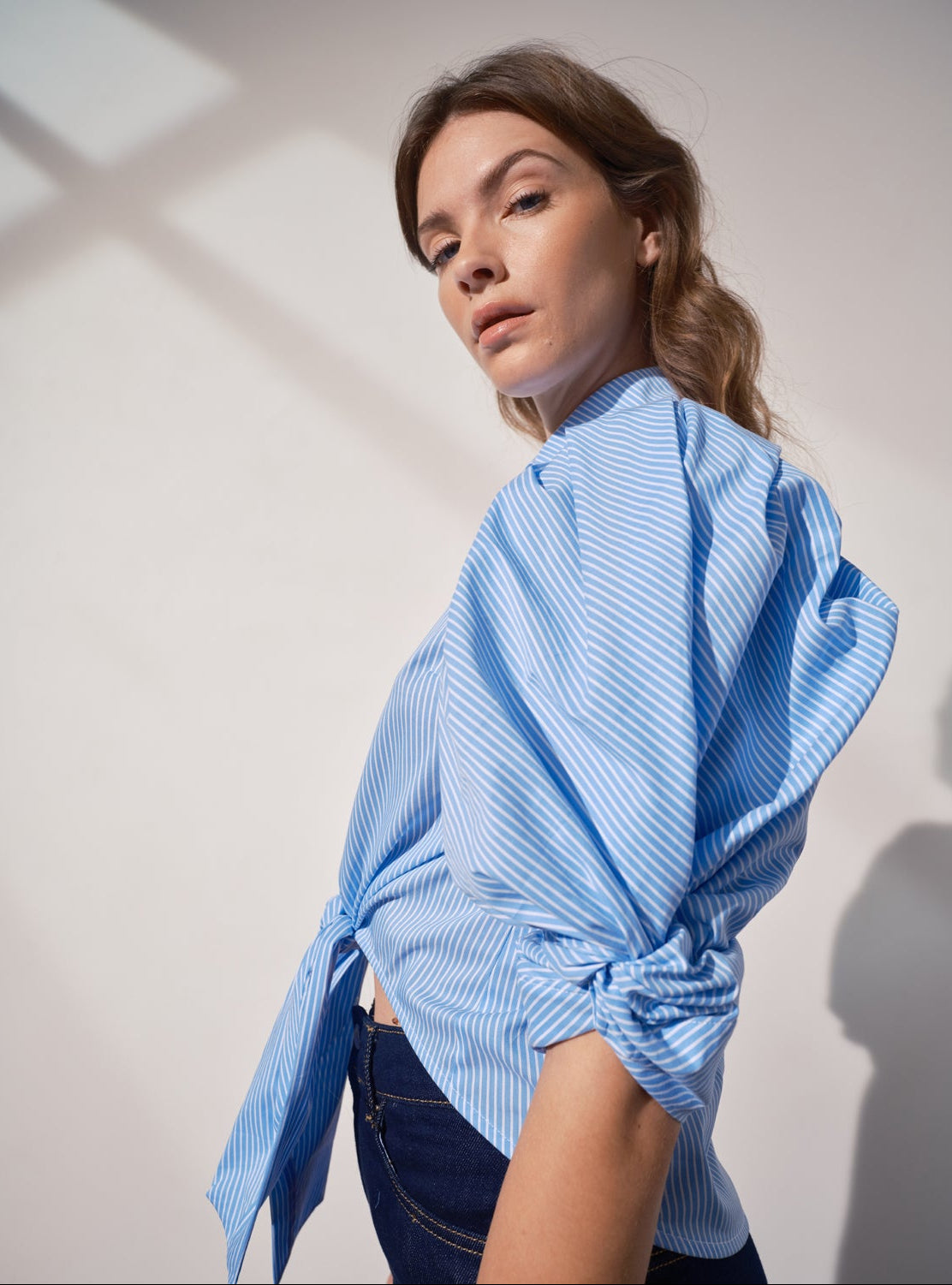 Ellery Knot Sleeve Tie Front Shirt - Blue & White Pin Stripe
