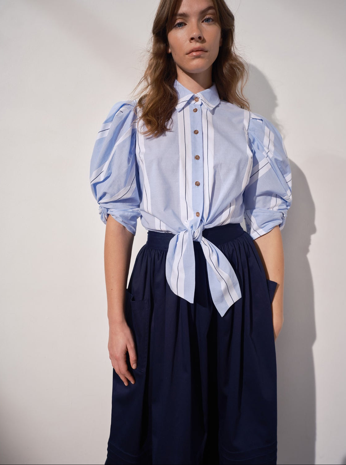 Ellery Knot Sleeve Tie Front Shirt - White & Blue Stripe