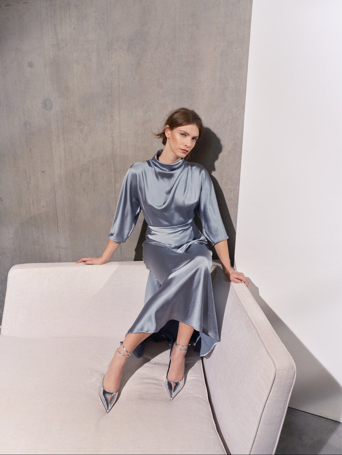 Celeste Cowl Satin Top - Light Blue