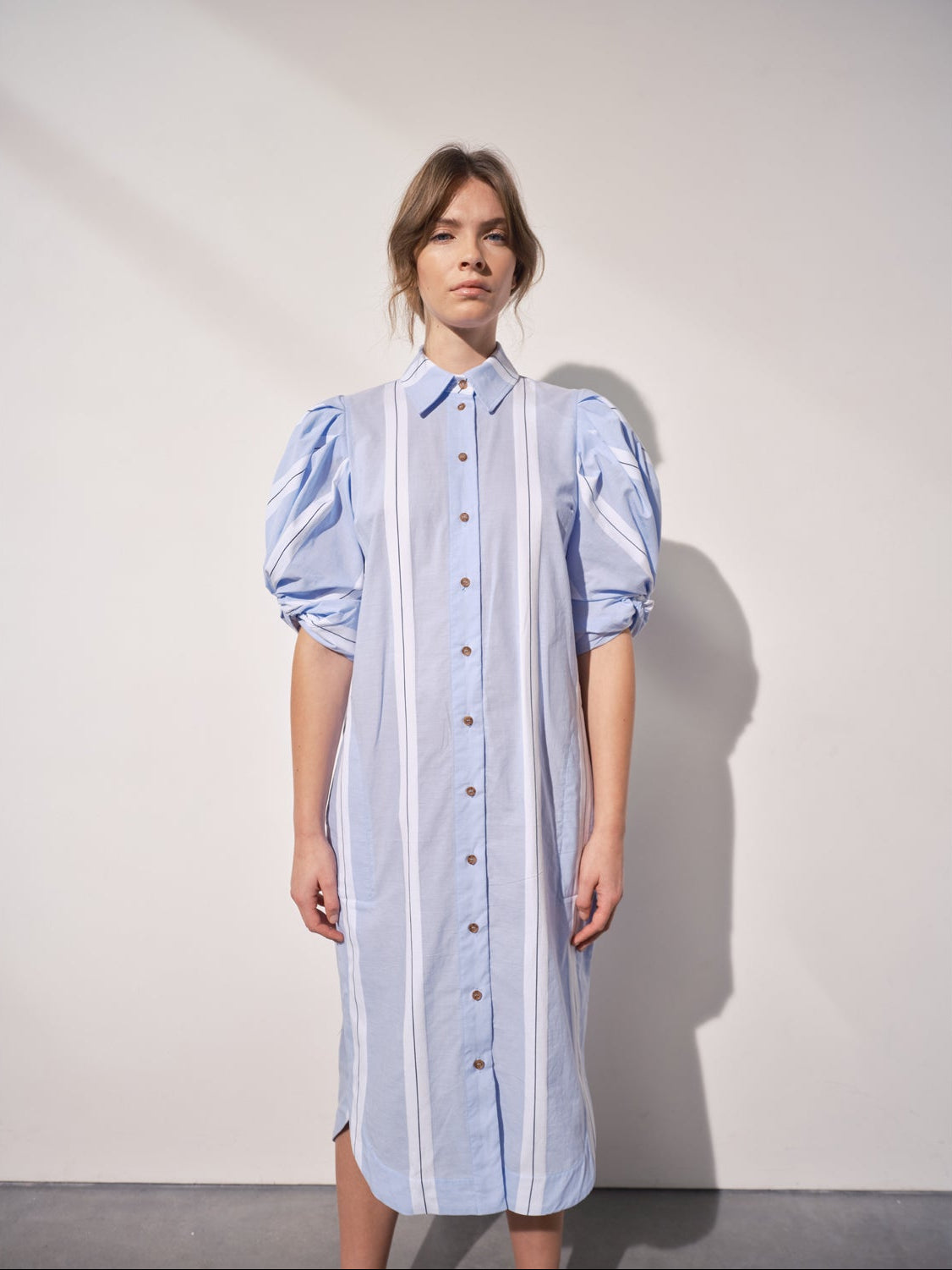 Ines Knot Sleeve Dress - White & Blue Stripe