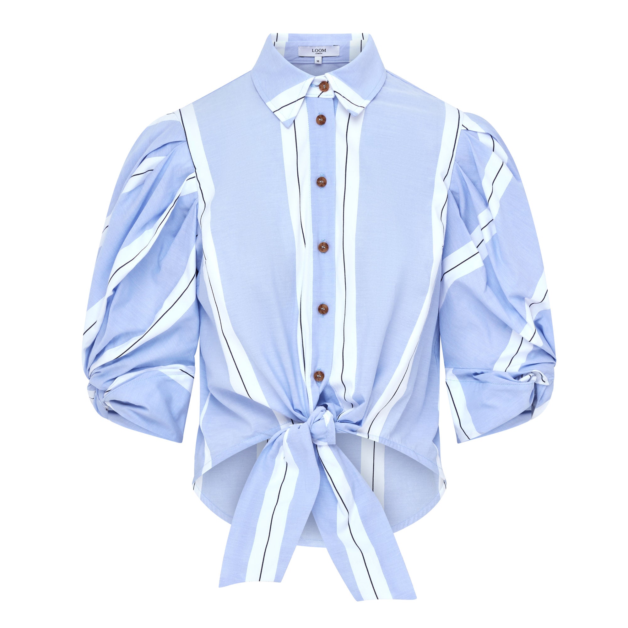 Ellery Knot Sleeve Tie Front Shirt - White & Blue Stripe