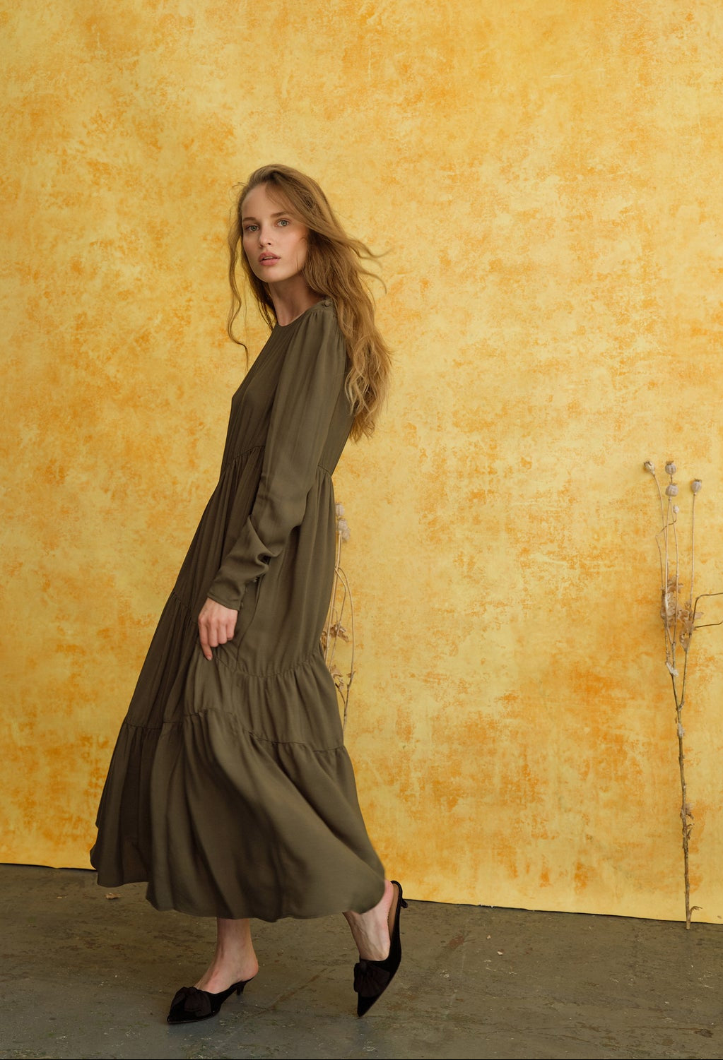 Petra Long Tiered Dress - Khaki Green