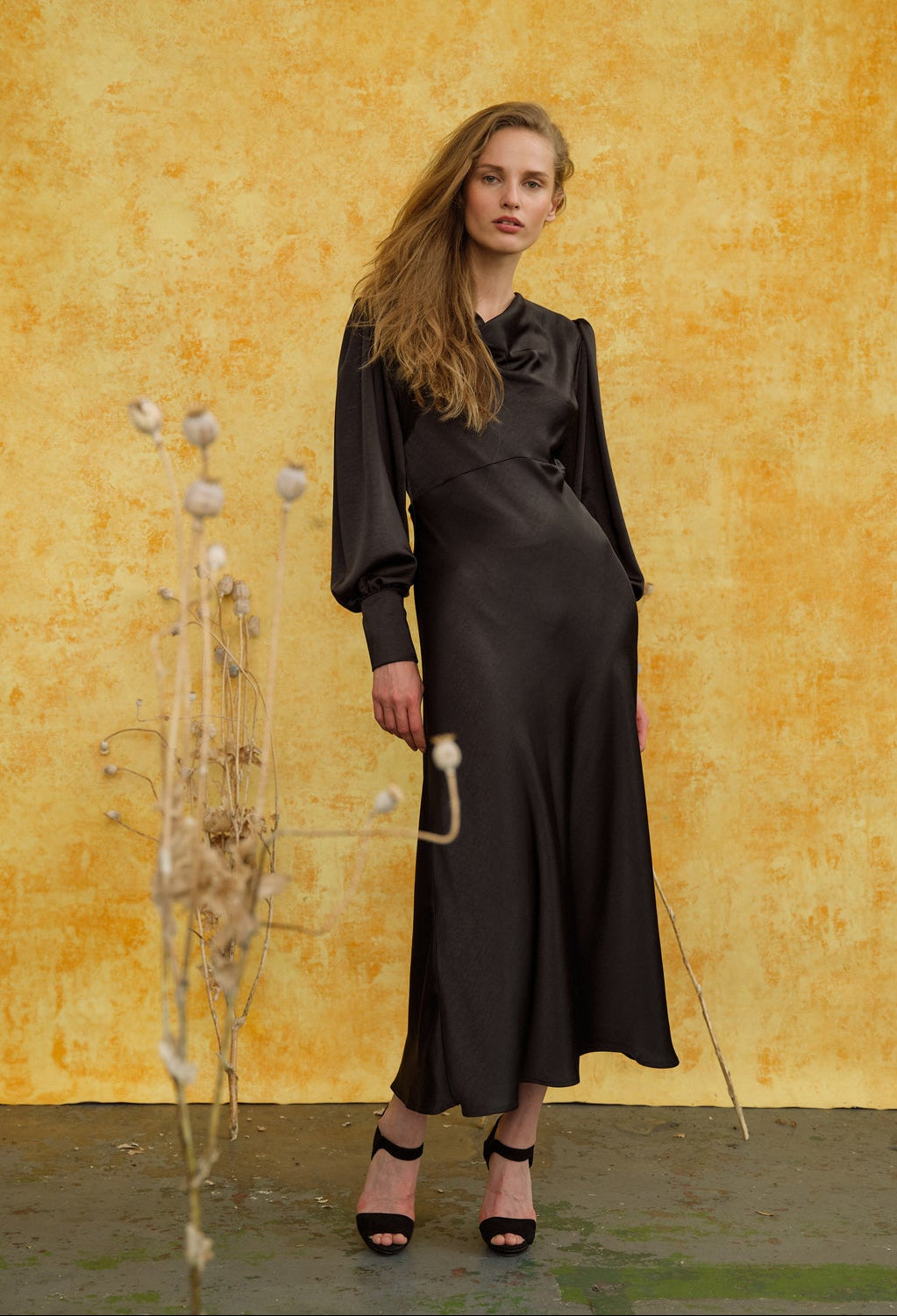 Sadie Cowl Neck Midi Dress - Black